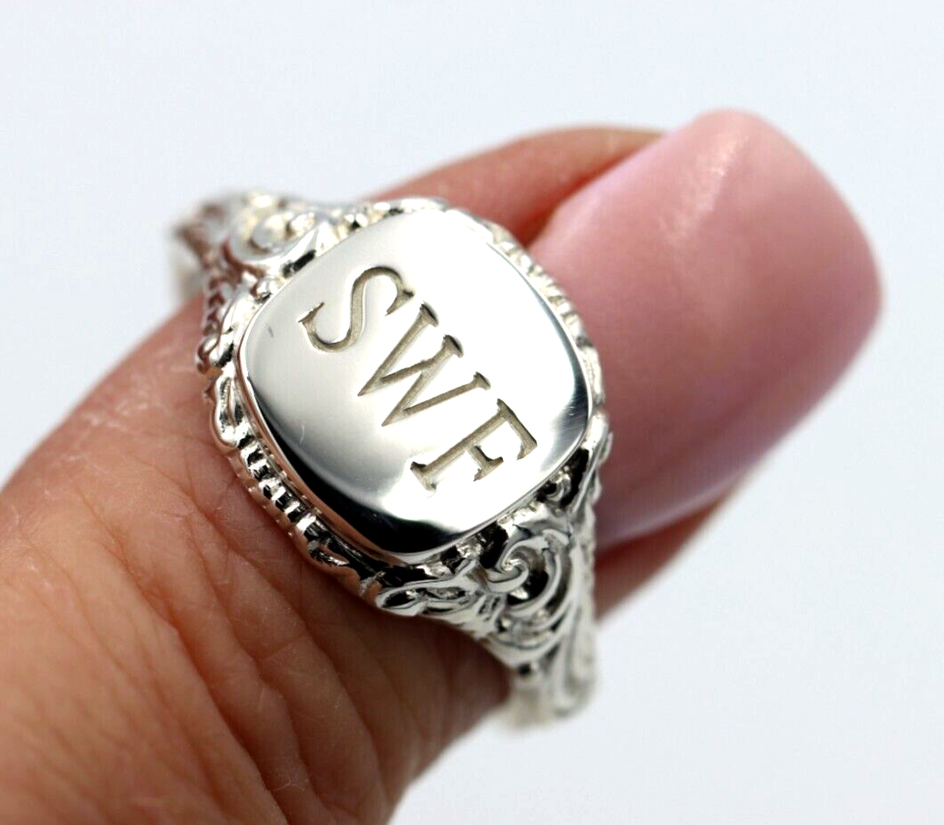 Genuine Solid Sterling Silver Square Engraved Signet Ring + Engraving - Choose your size