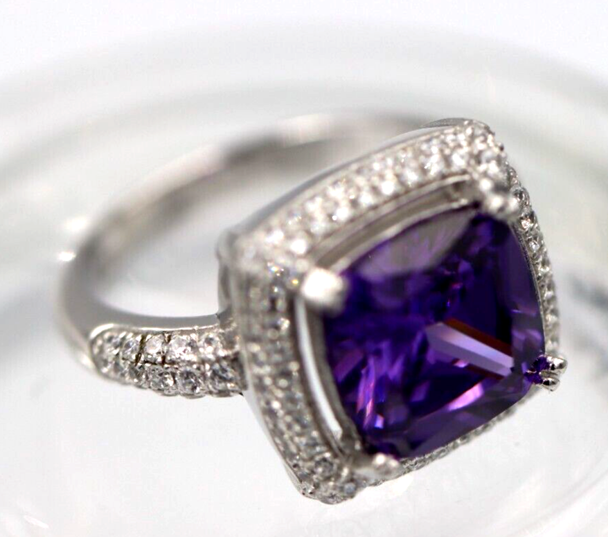 Size M Sterling Silver Purple Created Amethyst + Cubic Zirconia Ring