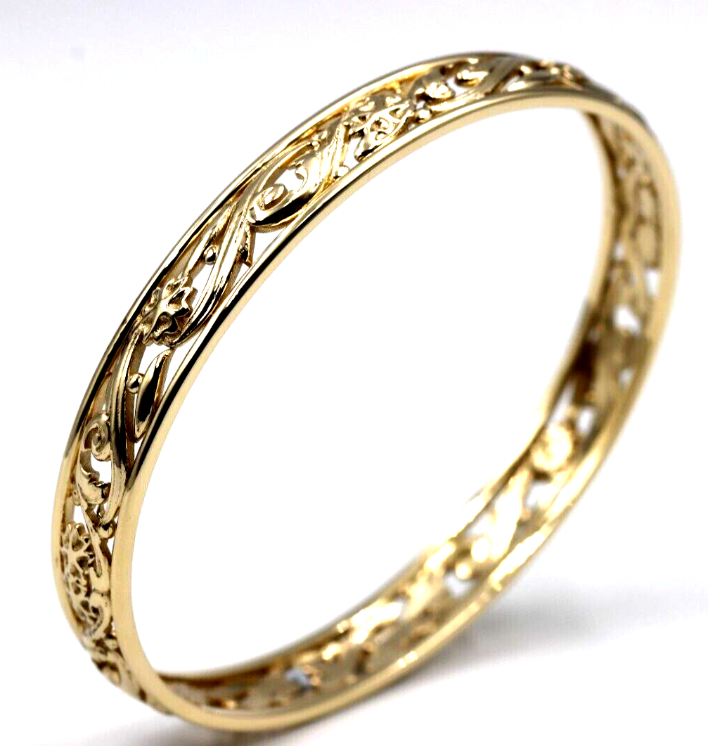 Genuine Heavy 9ct Yellow, Rose or White Gold Filigree Heavy Oval Flower Bangle 70mm x 60mm