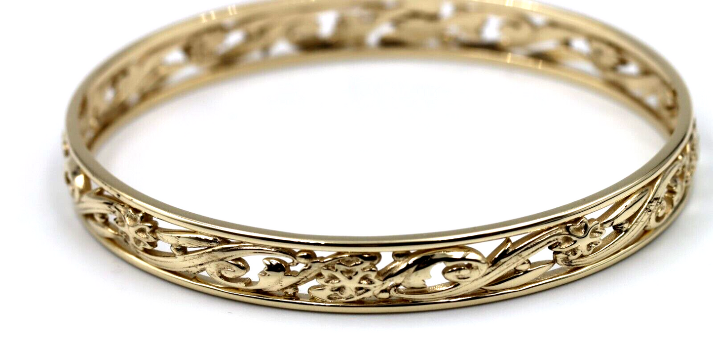 Genuine Heavy 9ct Yellow, Rose or White Gold Filigree Heavy Oval Flower Bangle 70mm x 60mm