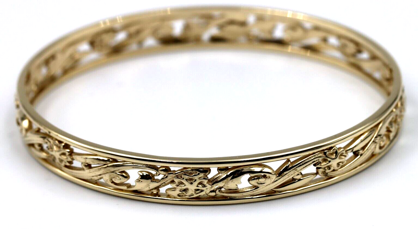 Genuine Heavy 9ct Yellow, Rose or White Gold Filigree Heavy Oval Flower Bangle 70mm x 60mm
