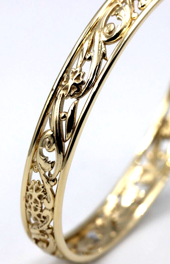 Genuine Heavy 9ct Yellow, Rose or White Gold Filigree Heavy Oval Flower Bangle 70mm x 60mm