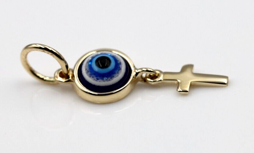 Genuine 9ct Yellow, Rose or White Gold Greek Mati Nazar Lucky 7mm Evil Eye + Cross Charm or Pendant