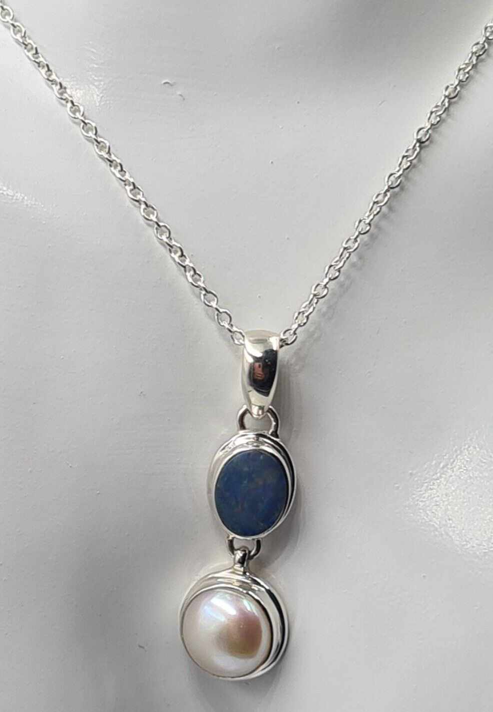 Genuine Sterling Silver Freshwater Pearl & Opal Pendant Belcher + Chain