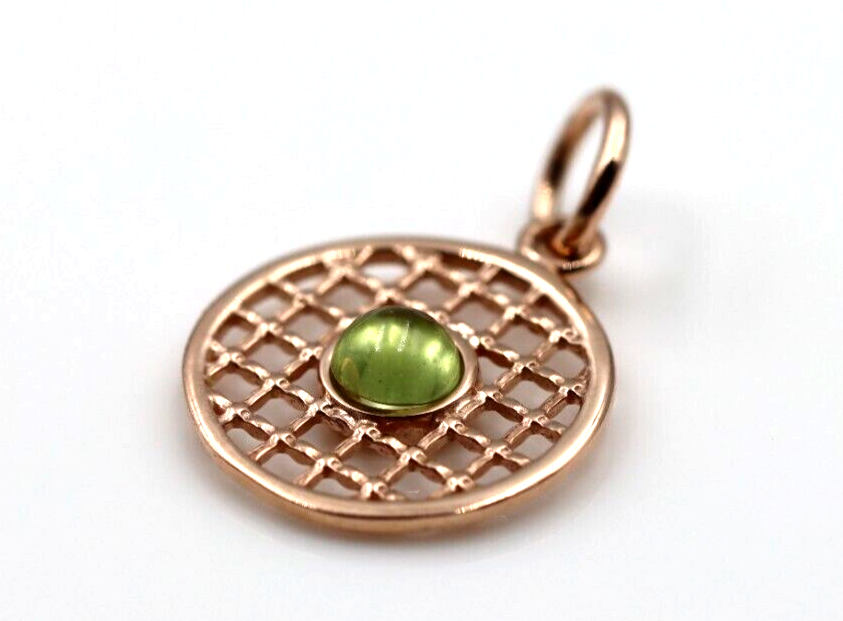 Genuine 9ct Yellow, Rose or White Gold 13.5mm Cabochon Peridot Filigree disc round circle pendant