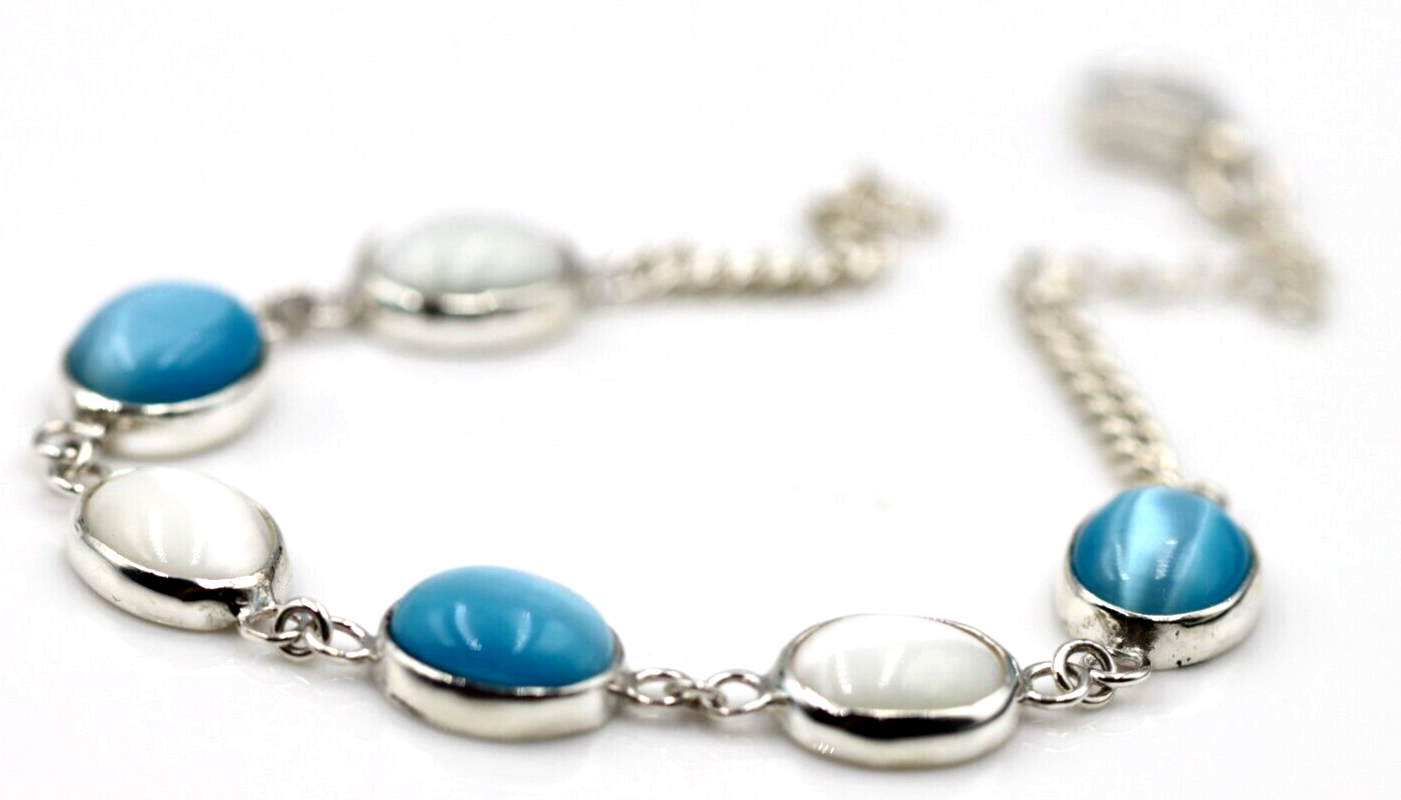 Genuine Sterling Silver 925 Blue + White Cat's Eye Oval Bracelet