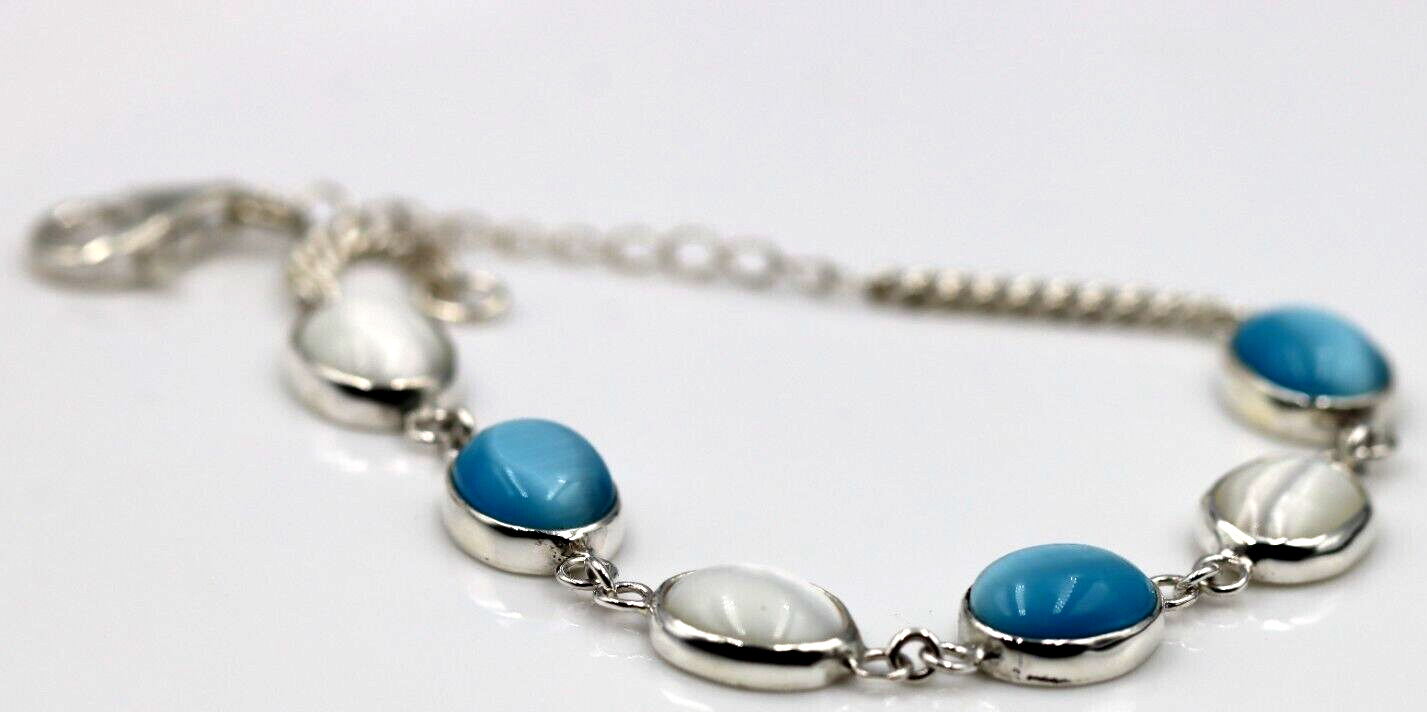 Genuine Sterling Silver 925 Blue + White Cat's Eye Oval Bracelet