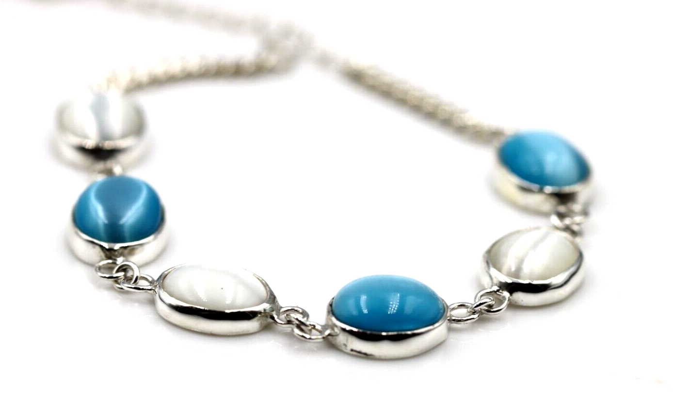 Genuine Sterling Silver 925 Blue + White Cat's Eye Oval Bracelet