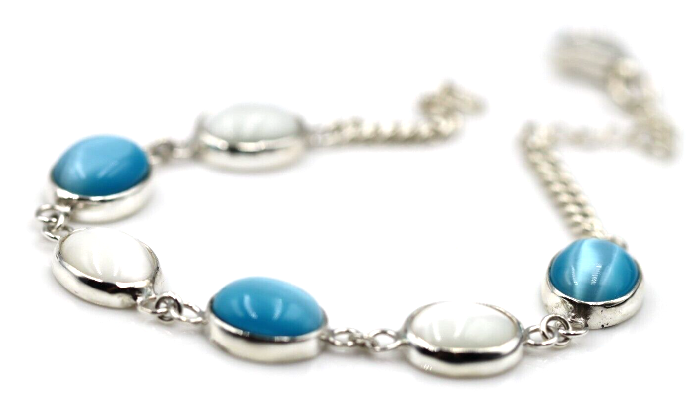 Genuine Sterling Silver 925 Blue + White Cat's Eye Oval Bracelet