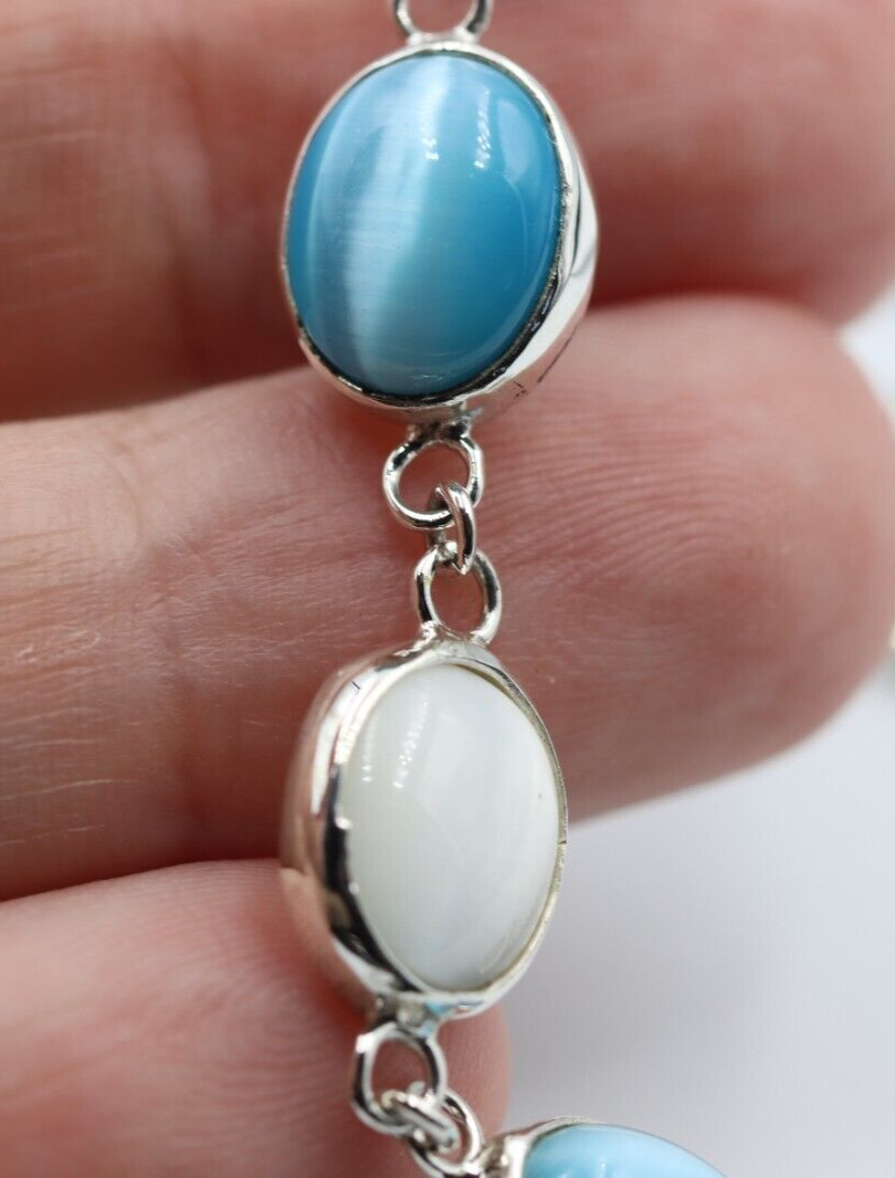 Genuine Sterling Silver 925 Blue + White Cat's Eye Oval Bracelet