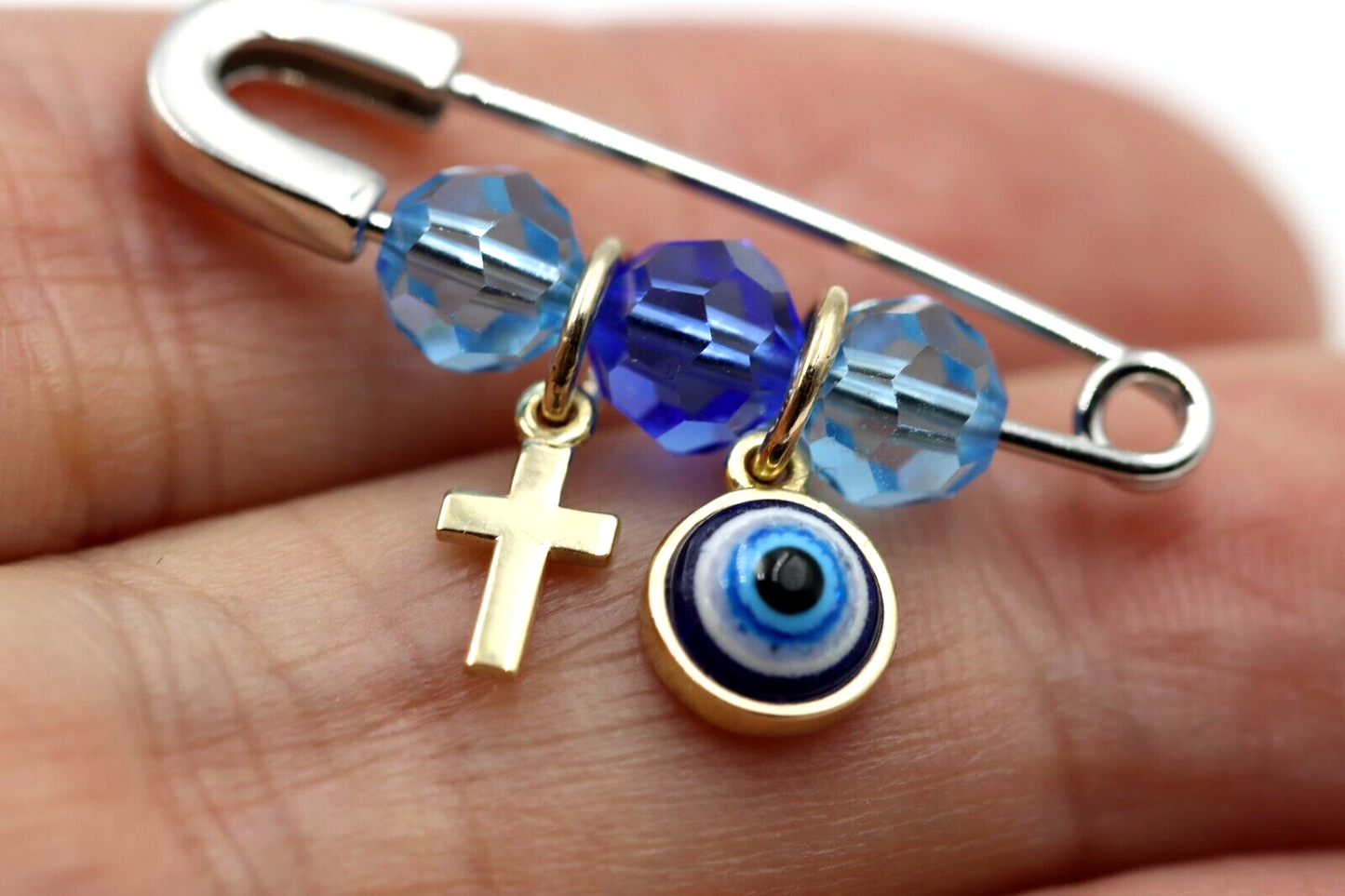 Genuine 9ct Yellow Gold + Sterling Silver Baby Mati & Cross Brooch Pin