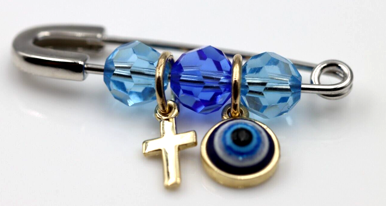 Genuine 9ct Yellow Gold + Sterling Silver Baby Mati & Cross Brooch Pin