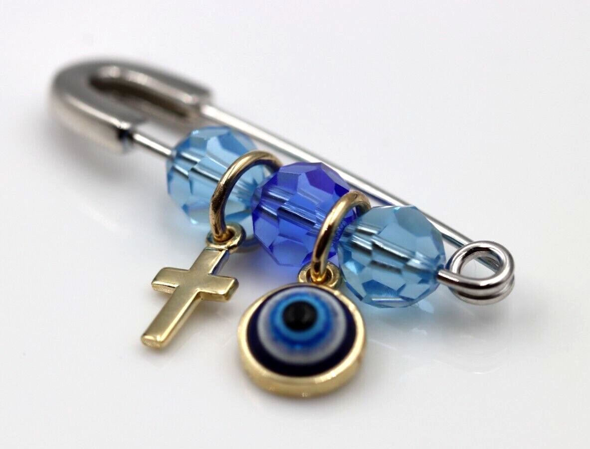 Genuine 9ct Yellow Gold + Sterling Silver Baby Mati & Cross Brooch Pin