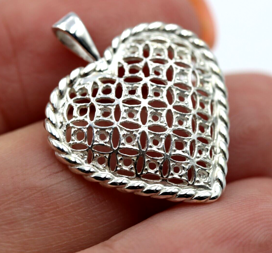 Genuine Sterling Silver or 9ct Yellow, Rose or White Gold Filigree Heart Rope Pendant