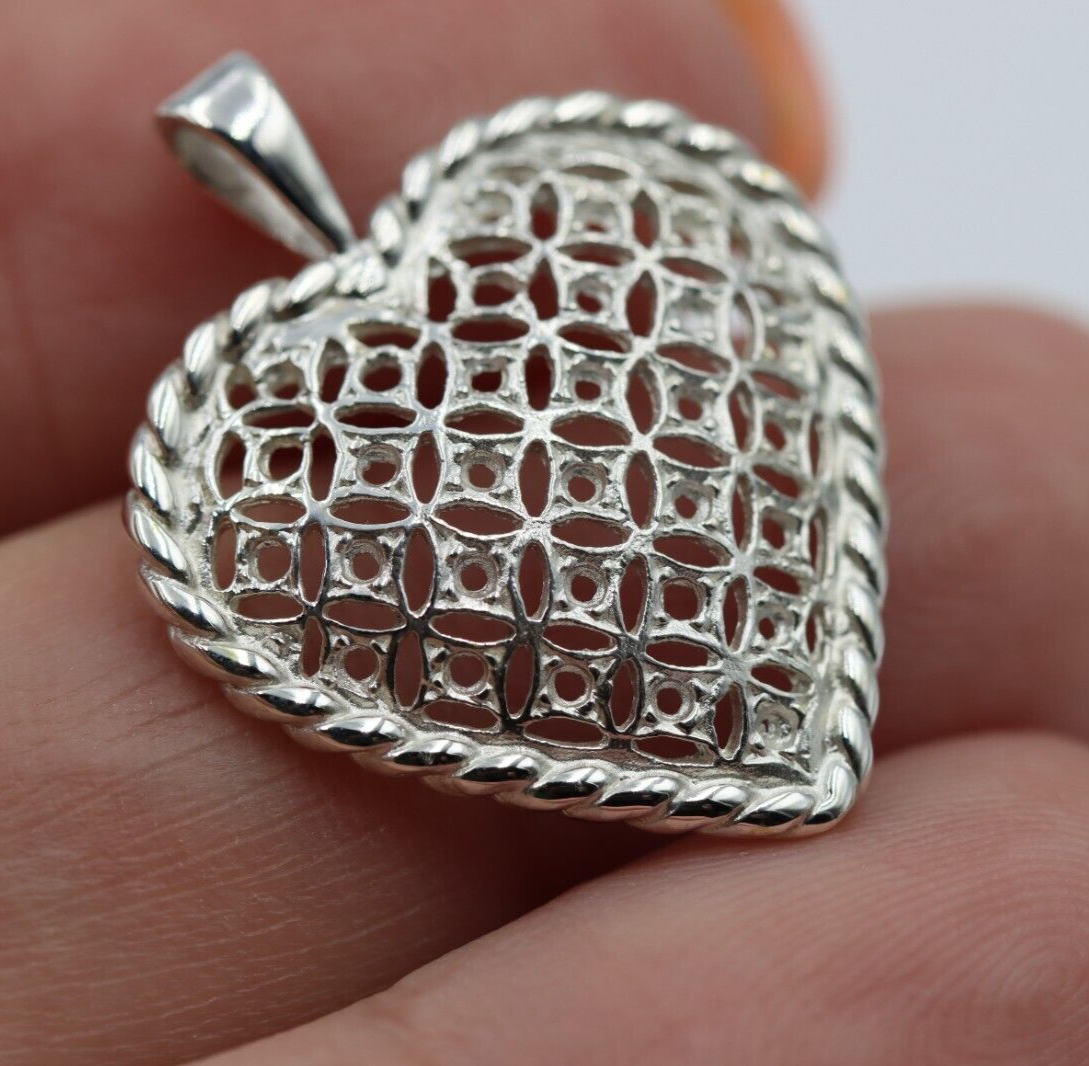 Genuine Sterling Silver or 9ct Yellow, Rose or White Gold Filigree Heart Rope Pendant