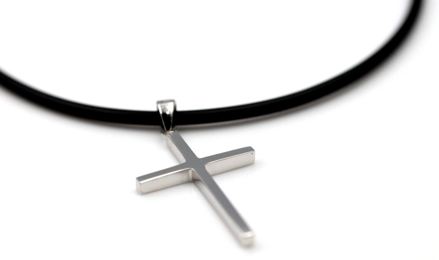 Neoprene Nielit Stick Sterling Silver Cross Pendant + Rubber Chain Necklace