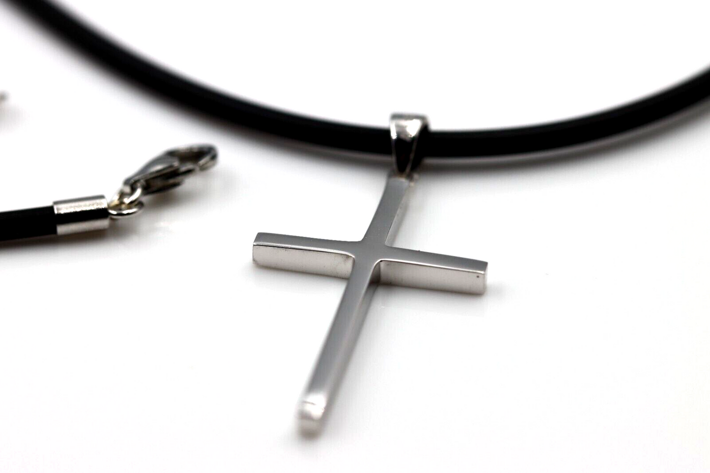 Neoprene Nielit Stick Sterling Silver Cross Pendant + Rubber Chain Necklace