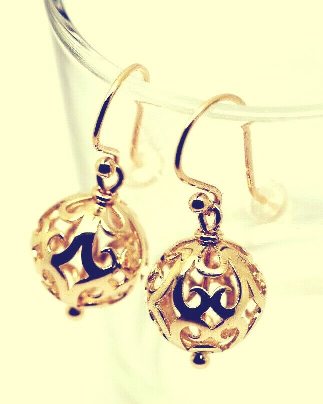 Genuine 9ct 9k Yellow, Rose or White Gold Large Heavy 14mm Euro Ball Drop Filigree Earrings