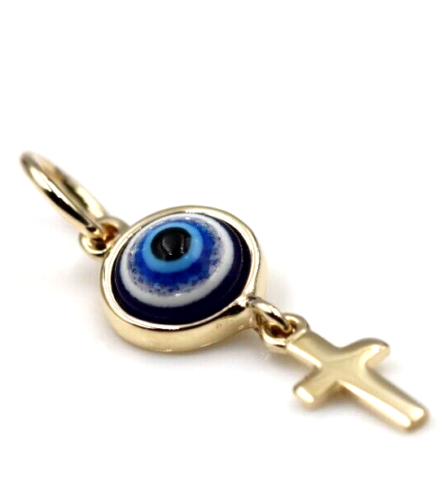 Genuine 9ct Yellow, Rose or White Gold Greek Mati Nazar Lucky 7mm Evil Eye + Cross Charm or Pendant