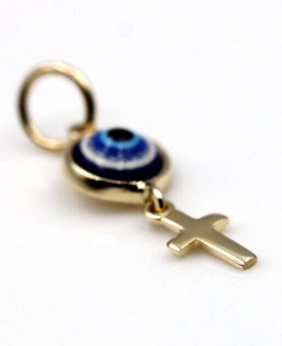 Genuine 9ct Yellow, Rose or White Gold Greek Mati Nazar Lucky 7mm Evil Eye + Cross Charm or Pendant