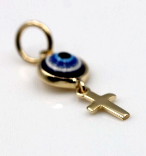 Genuine 9ct Yellow, Rose or White Gold Greek Mati Nazar Lucky 7mm Evil Eye + Cross Charm or Pendant