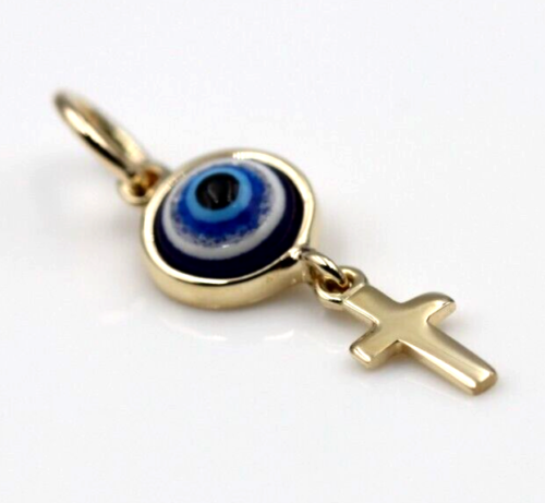 Genuine 9ct Yellow, Rose or White Gold Greek Mati Nazar Lucky 7mm Evil Eye + Cross Charm or Pendant