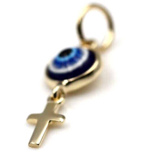 Genuine 9ct Yellow, Rose or White Gold Greek Mati Nazar Lucky 7mm Evil Eye + Cross Charm or Pendant