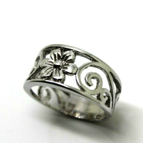 Genuine Ring Size P - Solid 9ct 9k 375 White Gold Swirl Flower Wide Ring