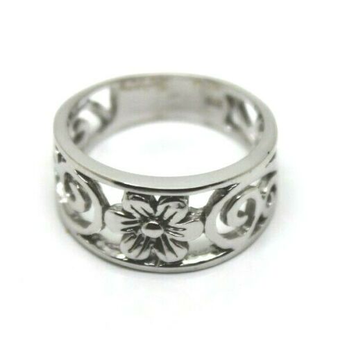 Genuine Ring Size P - Solid 9ct 9k 375 White Gold Swirl Flower Wide Ring