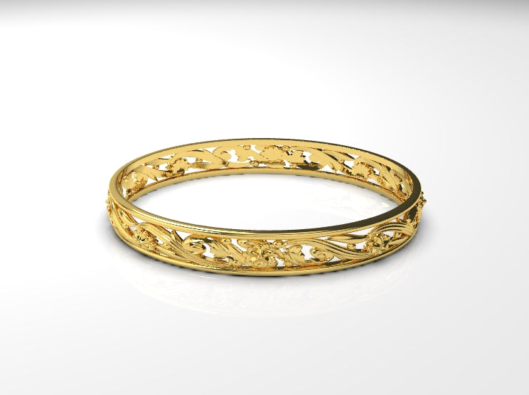Genuine Heavy 9ct Yellow, Rose or White Gold Filigree Heavy Oval Flower Bangle 70mm x 60mm