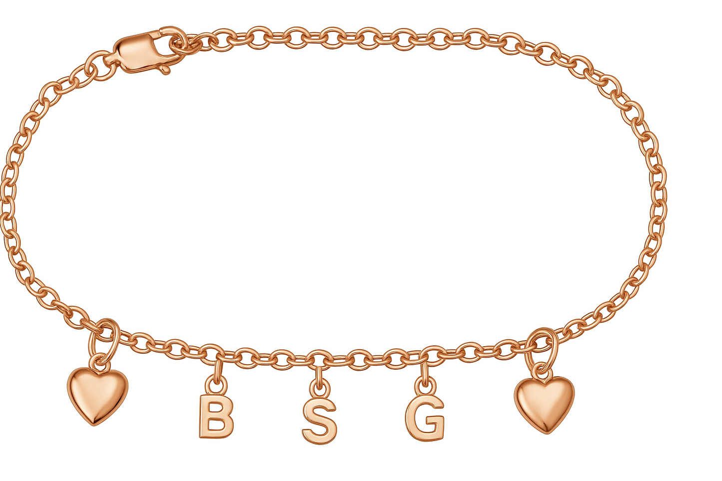 Genuine 9ct Solid Yellow or Rose Gold 19cm Belcher Bracelet + Hearts and Three Initials Charms