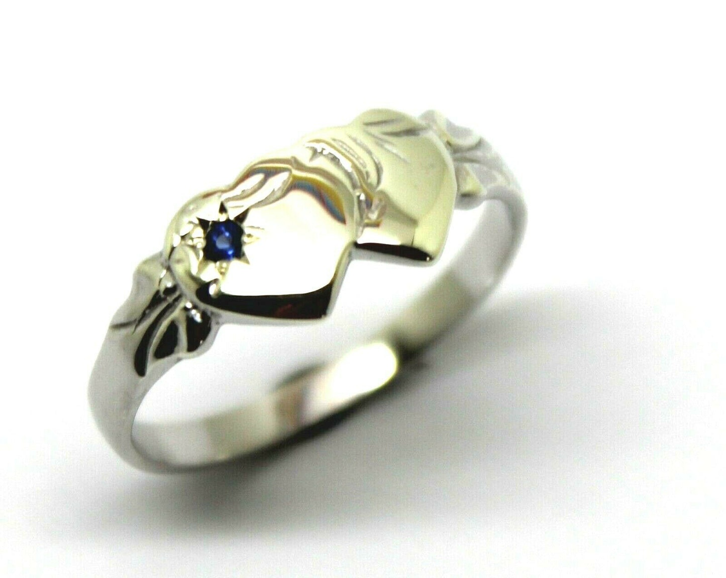 Genuine 9k 9ct Yellow, Rose & White Gold Aust Blue Sapphire Double Heart Signet Ring - Choose your size