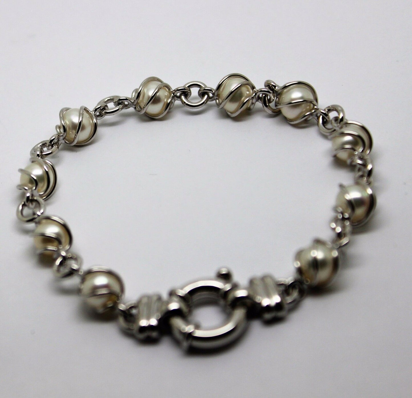 Kaedesigns 22cm long New Sterling Silver Bolt Ring Freshwater White Pearl Bracelet