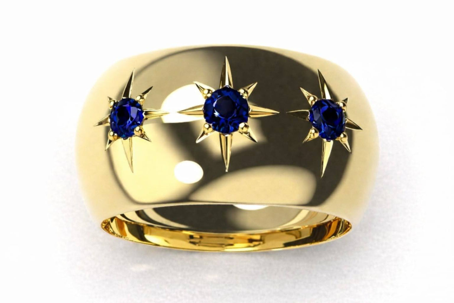 Kaedesigns Genuine 12mm 9ct 9k 375 Yellow Gold Full Solid Wide Band Ring Set with 3 created Sapphires