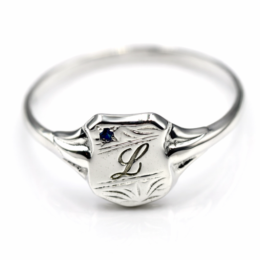 Genuine Small Sterling Silver 925 Shield Signet Ring + Blue Sapphire Engraving