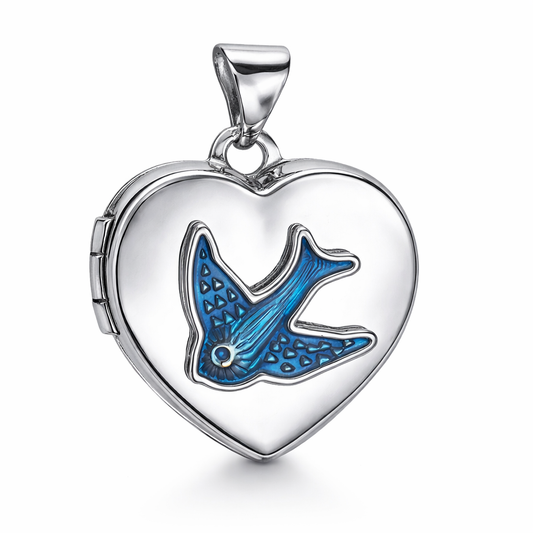 Sterling Silver 925 Heart Enamel Blue Bird Locket Pendant