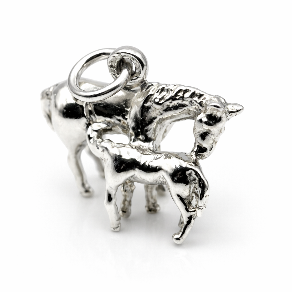 Genuine Sterling Silver 925 3D Horse and Foal Pendant / Charm