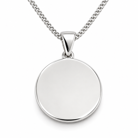 Sterling Silver 925 20mm Disc Pendant or Charm Engraving Available  + 50cm Kerb Chain