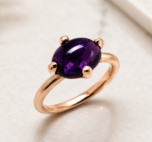 Genuine 9ct 9k 375 Rose Gold Cabochon Oval Purple Amethyst Stacker Ring - Choose your ring size H to P