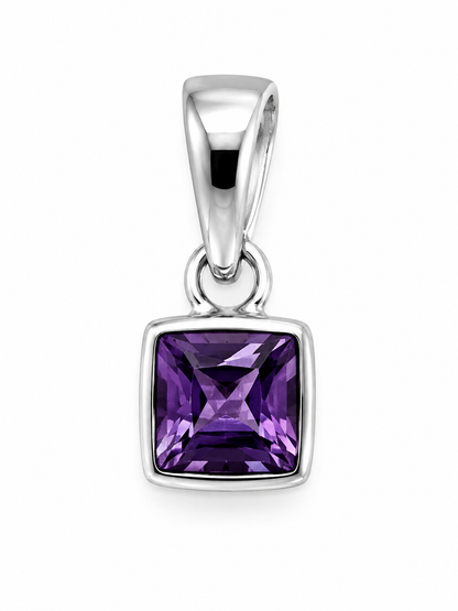 Sterling Silver 925 Square Bezel Set Natural Amethyst Pendant + Necklace