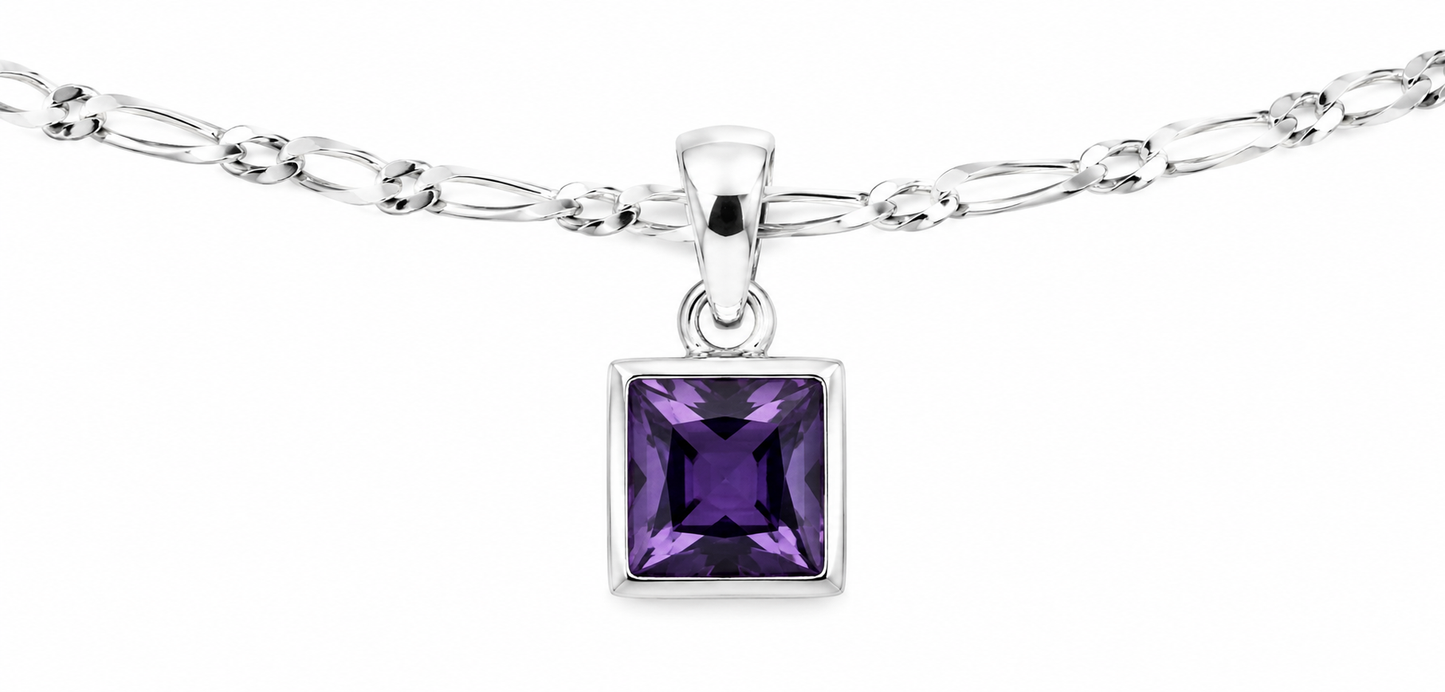 Sterling Silver 925 Square Bezel Set Natural Amethyst Pendant + Necklace