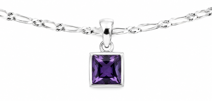 Sterling Silver 925 Square Bezel Set Natural Amethyst Pendant + Necklace