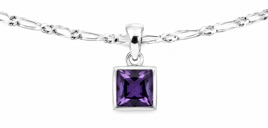 Sterling Silver 925 Square Bezel Set Natural Amethyst Pendant + Necklace