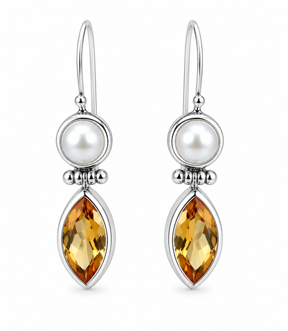Genuine Sterling Silver Round Freshwater Pearl + Citrine Teardrop Hook Earrings