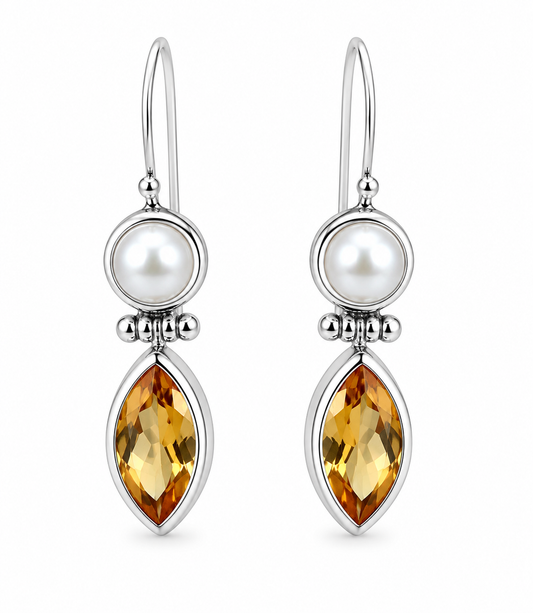 Genuine Sterling Silver Round Freshwater Pearl + Citrine Teardrop Hook Earrings