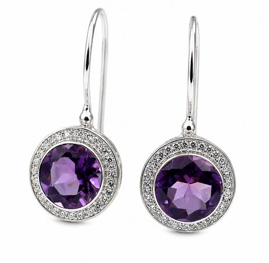 Genuine Sterling Silver 925 8mm Round Amethyst CZ Earrings