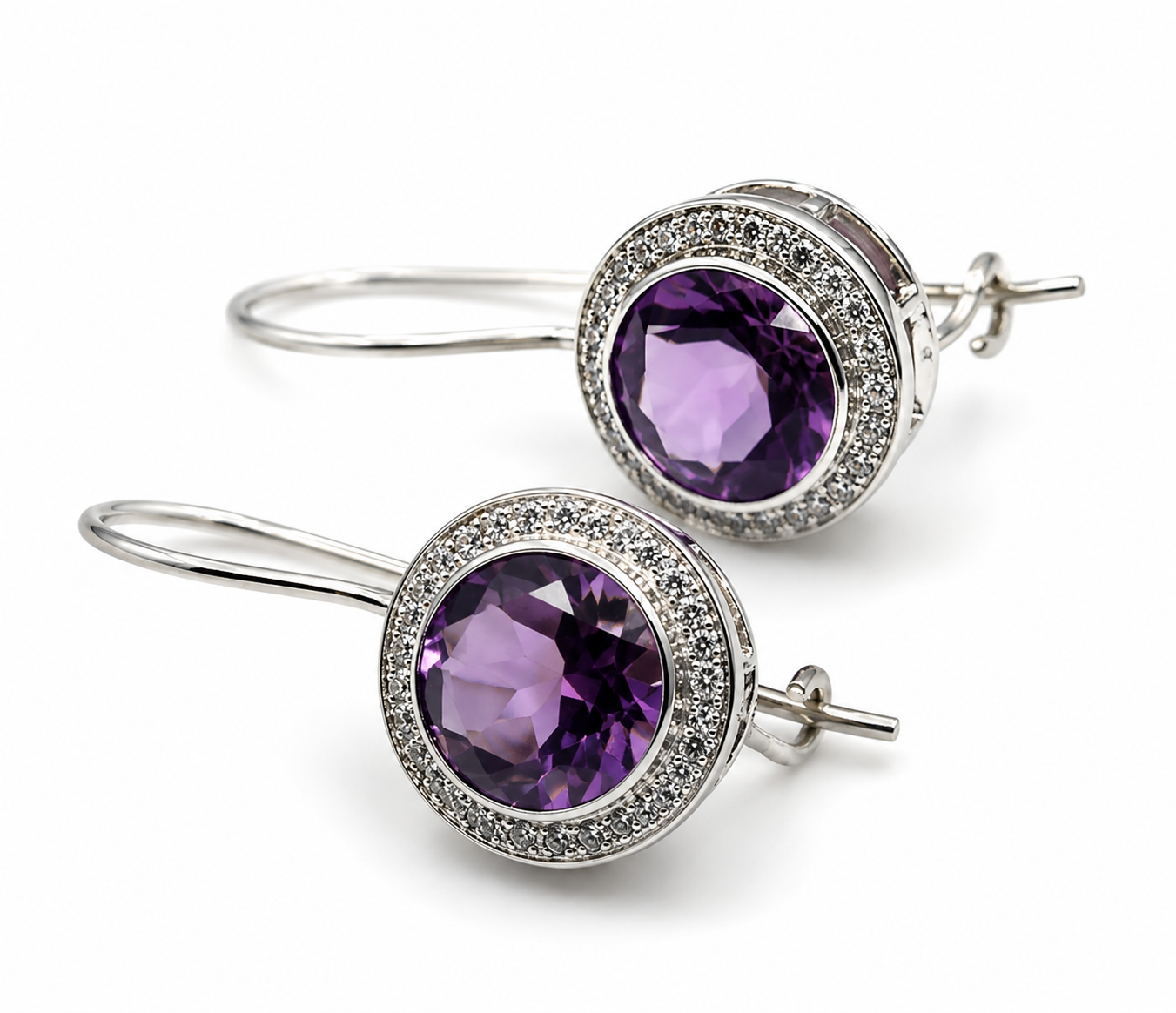 Genuine Sterling Silver 925 8mm Round Amethyst CZ Earrings