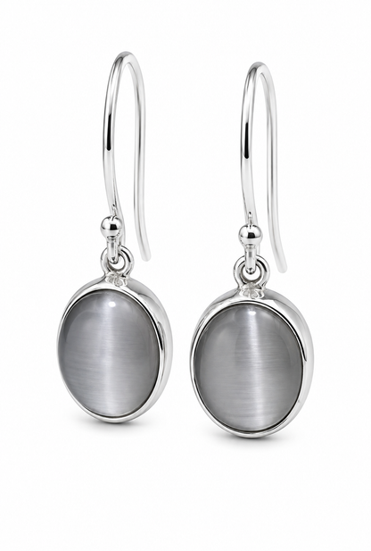 Genuine Sterling Silver Oval Bezel White Cat's Eye Hook Earrings