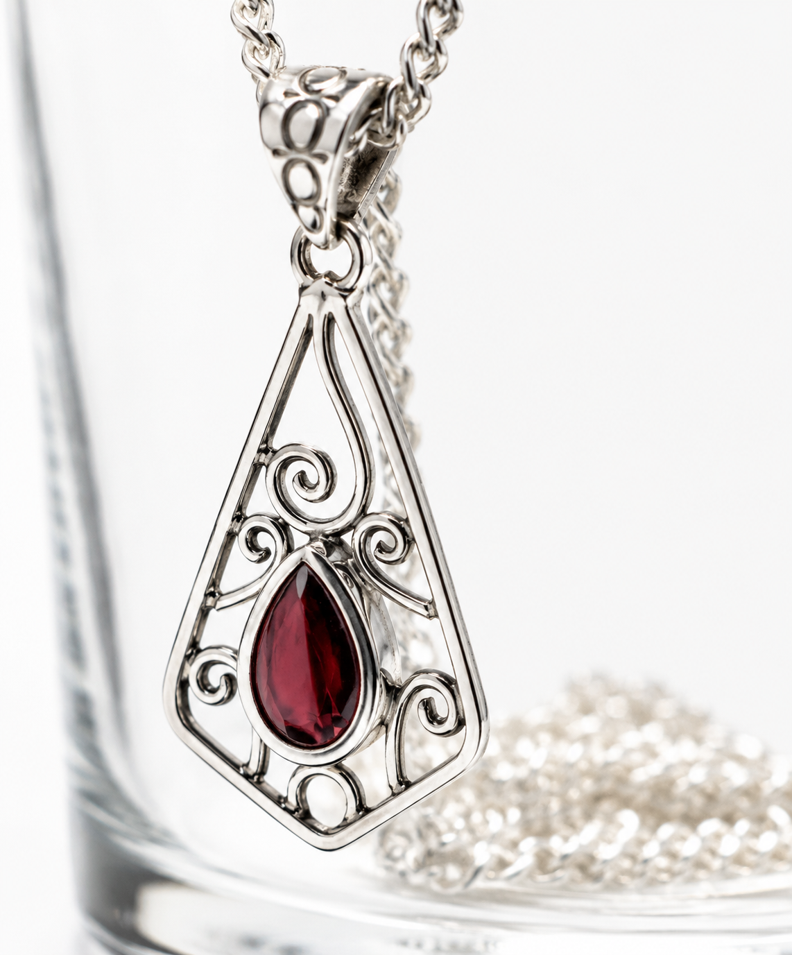 Sterling Silver 925 Cabochon Ruby Swirl Pendant + 55cm Chain Necklace