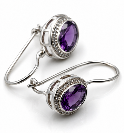 Genuine Sterling Silver 925 8mm x 6mm Oval Amethyst CZ Earrings